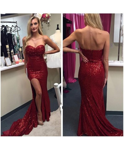 Women's Mermaid Evening Dress With Slit Sequins Prom Gown White B $41.15 Dresses