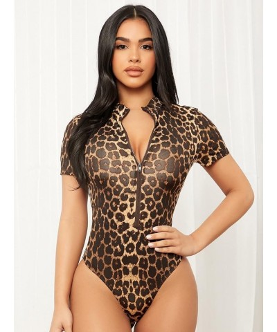 Women's Leopard Print Zip Up Short Sleeve Mock Neck Bodysuit Top Brown $10.00 Bodysuits