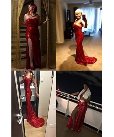 Women's Mermaid Evening Dress With Slit Sequins Prom Gown White B $41.15 Dresses