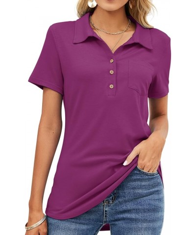 Womens Short Sleeve Polo T Shirts V Neck Business Casual Collared Button Down Tunics Office Work Tops with Pocket Fuchsia $17...