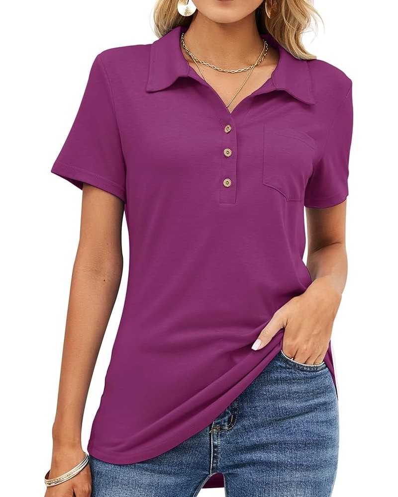 Womens Short Sleeve Polo T Shirts V Neck Business Casual Collared Button Down Tunics Office Work Tops with Pocket Fuchsia $17...