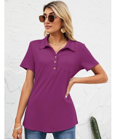 Womens Short Sleeve Polo T Shirts V Neck Business Casual Collared Button Down Tunics Office Work Tops with Pocket Fuchsia $17...