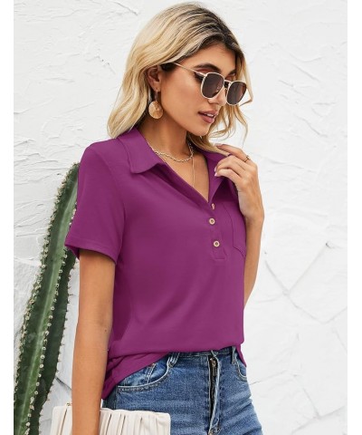 Womens Short Sleeve Polo T Shirts V Neck Business Casual Collared Button Down Tunics Office Work Tops with Pocket Fuchsia $17...