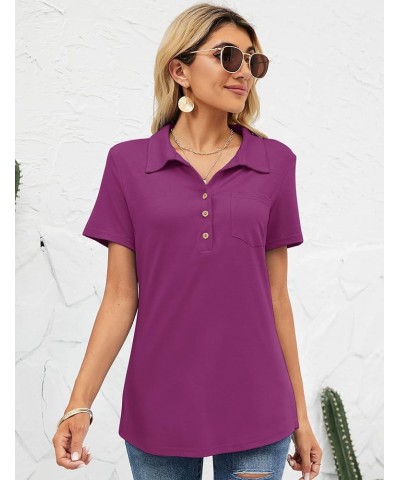 Womens Short Sleeve Polo T Shirts V Neck Business Casual Collared Button Down Tunics Office Work Tops with Pocket Fuchsia $17...