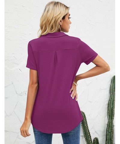 Womens Short Sleeve Polo T Shirts V Neck Business Casual Collared Button Down Tunics Office Work Tops with Pocket Fuchsia $17...