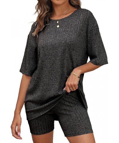 Women's Lounge Sets Pajamas Ribbed Knit Short Sleeve 2 Pieces Tshirt Bike Shorts Loungewear Outfits Black Gray $14.46 Sleep &...