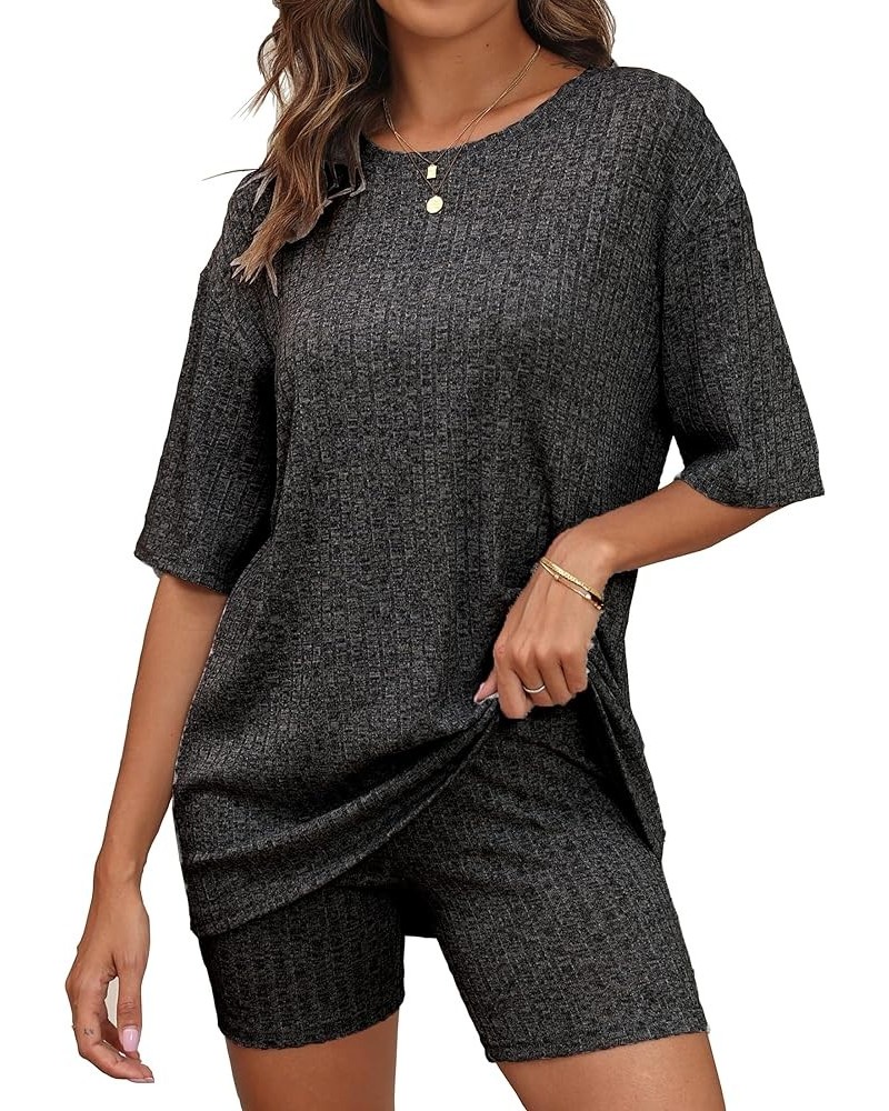 Women's Lounge Sets Pajamas Ribbed Knit Short Sleeve 2 Pieces Tshirt Bike Shorts Loungewear Outfits Black Gray $14.46 Sleep &...