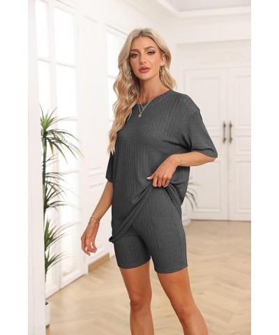 Women's Lounge Sets Pajamas Ribbed Knit Short Sleeve 2 Pieces Tshirt Bike Shorts Loungewear Outfits Black Gray $14.46 Sleep &...