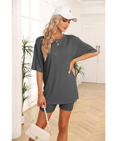 Women's Lounge Sets Pajamas Ribbed Knit Short Sleeve 2 Pieces Tshirt Bike Shorts Loungewear Outfits Black Gray $14.46 Sleep &...