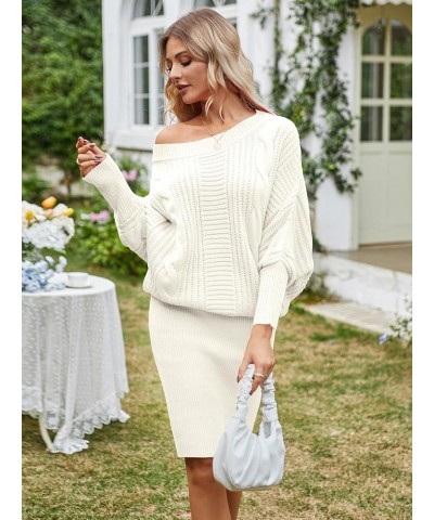 Oversized Sweater Dresses for Women 2024 Batwing Long Sleeve Pullover Bodycon Sweater Dress Cream White $16.45 Sweaters