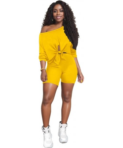 2 Piece Outfits for Women 3/4 Sleeve Off Shoulder Summer Tracksuits Tie up Top Biker Short Sets Clubwear 5-ginger Yellow $15....