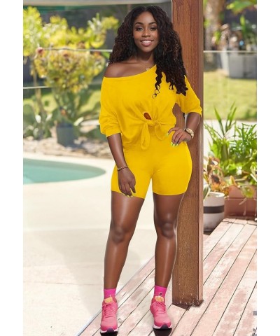 2 Piece Outfits for Women 3/4 Sleeve Off Shoulder Summer Tracksuits Tie up Top Biker Short Sets Clubwear 5-ginger Yellow $15....