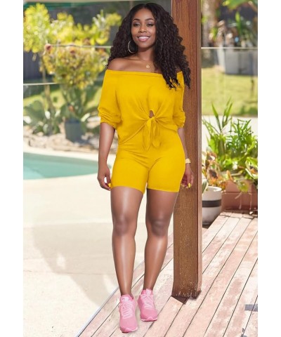 2 Piece Outfits for Women 3/4 Sleeve Off Shoulder Summer Tracksuits Tie up Top Biker Short Sets Clubwear 5-ginger Yellow $15....