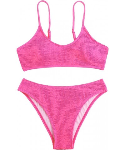 Bikini Sets for Women Solid Textured Bikini Bathing Suits 2 Piece Swimsuit Solid Hotpink $21.41 Swimsuits