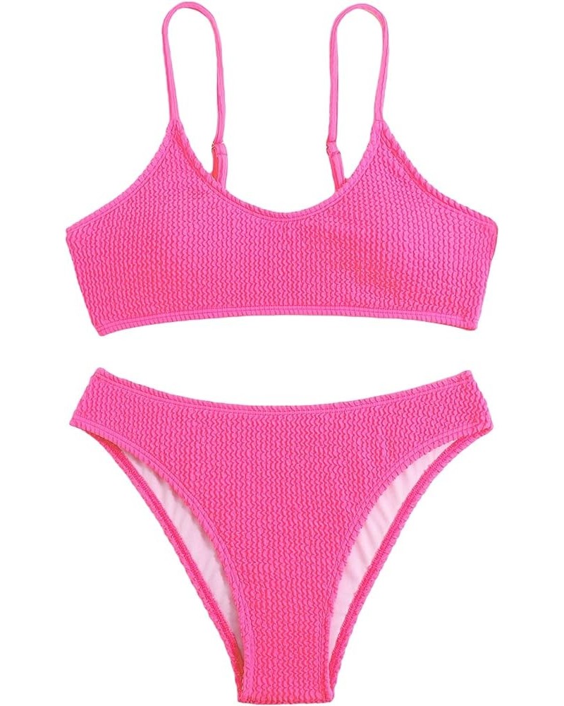 Bikini Sets for Women Solid Textured Bikini Bathing Suits 2 Piece Swimsuit Solid Hotpink $21.41 Swimsuits