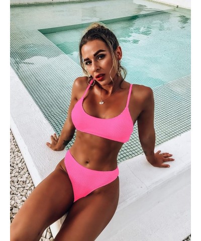 Bikini Sets for Women Solid Textured Bikini Bathing Suits 2 Piece Swimsuit Solid Hotpink $21.41 Swimsuits