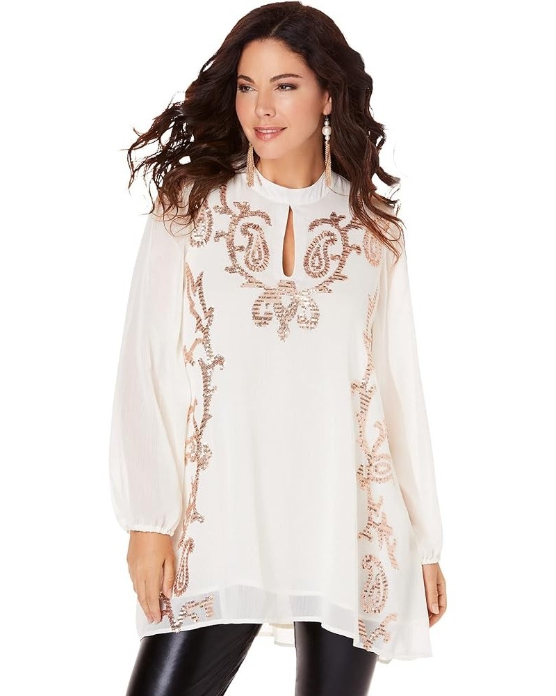 Women's Plus Size Embellished Keyhole Tunic Ivory $28.68 Tops