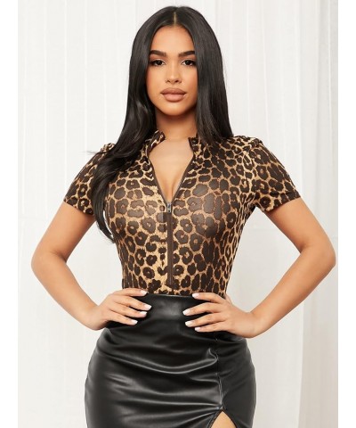 Women's Leopard Print Zip Up Short Sleeve Mock Neck Bodysuit Top Brown $10.00 Bodysuits