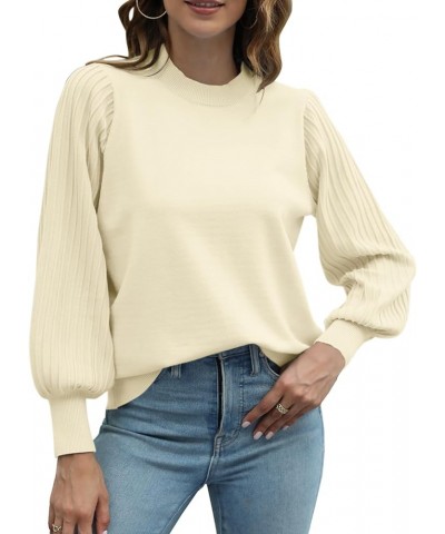 Women's 2023 Casual Crewneck Pleated Lantern Long Sleeve Pullover Sweater Loose Ribbed Knit Jumper Tops Beige $23.77 Sweaters