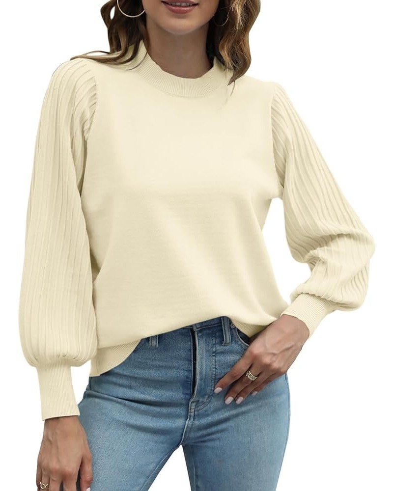 Women's 2023 Casual Crewneck Pleated Lantern Long Sleeve Pullover Sweater Loose Ribbed Knit Jumper Tops Beige $23.77 Sweaters