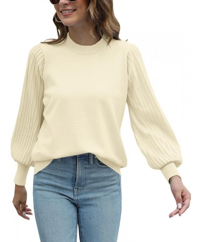 Women's 2023 Casual Crewneck Pleated Lantern Long Sleeve Pullover Sweater Loose Ribbed Knit Jumper Tops Beige $23.77 Sweaters