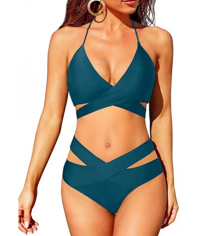 Two Piece Bikini Sets for Women High Waisted Bikini Push Up Swimsuit Halter Wrap Criss Cross Bathing Suit Dark Blue $19.59 Sw...