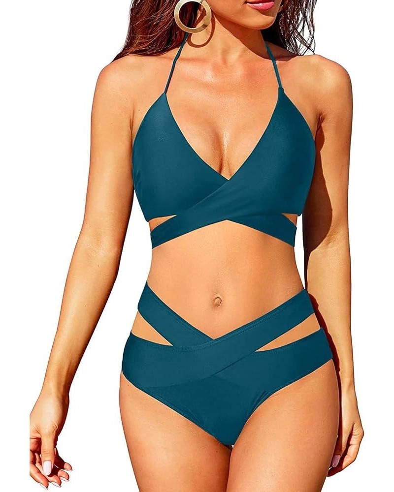 Two Piece Bikini Sets for Women High Waisted Bikini Push Up Swimsuit Halter Wrap Criss Cross Bathing Suit Dark Blue $19.59 Sw...