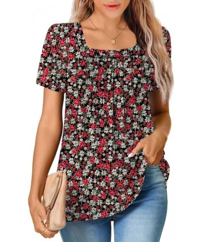 Womens Square Neck Short Sleeve Tunic Tops Loose Pleated Front T Shirts Curved Hem Casual Summer S-3XL Red White Floral $11.9...