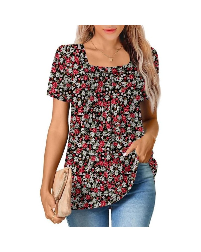 Womens Square Neck Short Sleeve Tunic Tops Loose Pleated Front T Shirts Curved Hem Casual Summer S-3XL Red White Floral $11.9...