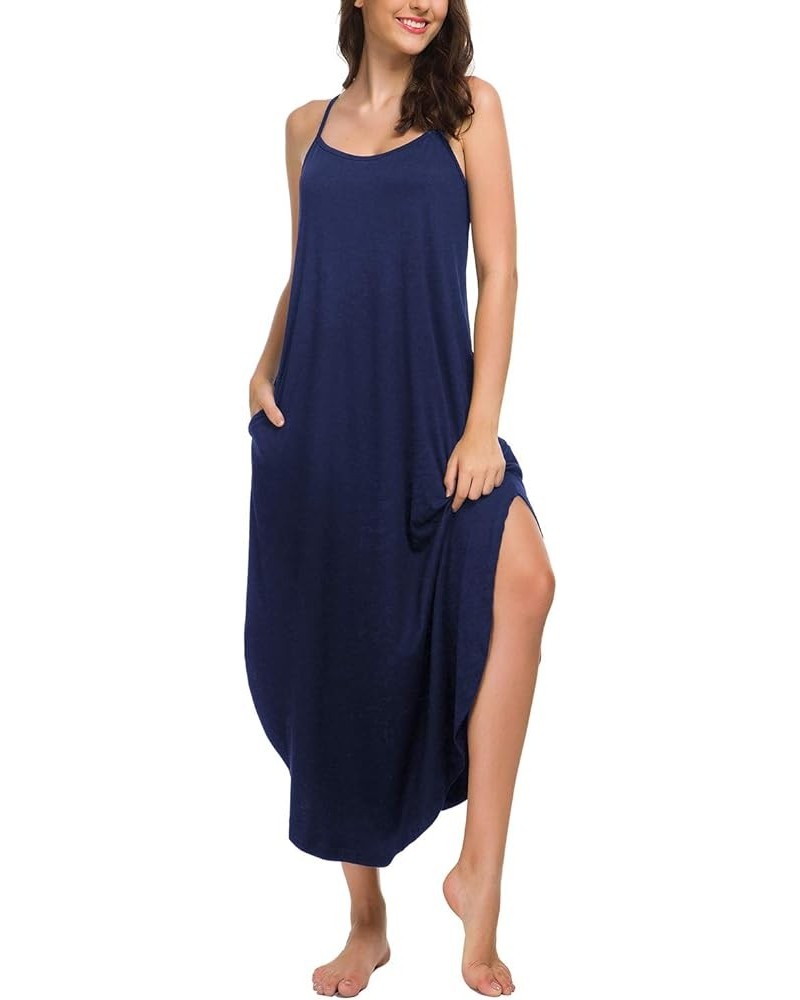 Nightgowns for Women Sexy Lingerie Dress Soft Full Slips Dresses with Pockets S-XXL Navy Blue $13.16 Sleep & Lounge