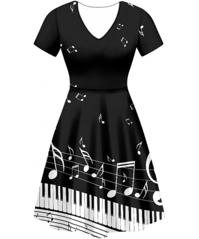 Women Casual Dress Van Gogh 3D Print V-Neck Short Sleeves A-Line Swing Midi Dresses Musical Notes Piano Keys $11.20 Dresses