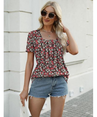 Womens Square Neck Short Sleeve Tunic Tops Loose Pleated Front T Shirts Curved Hem Casual Summer S-3XL Red White Floral $11.9...