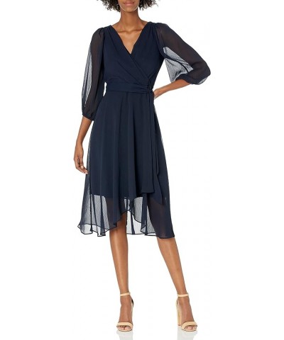 Women's Balloon Half Sleeve Faux Wrap Midi Dress Navy $39.62 Dresses