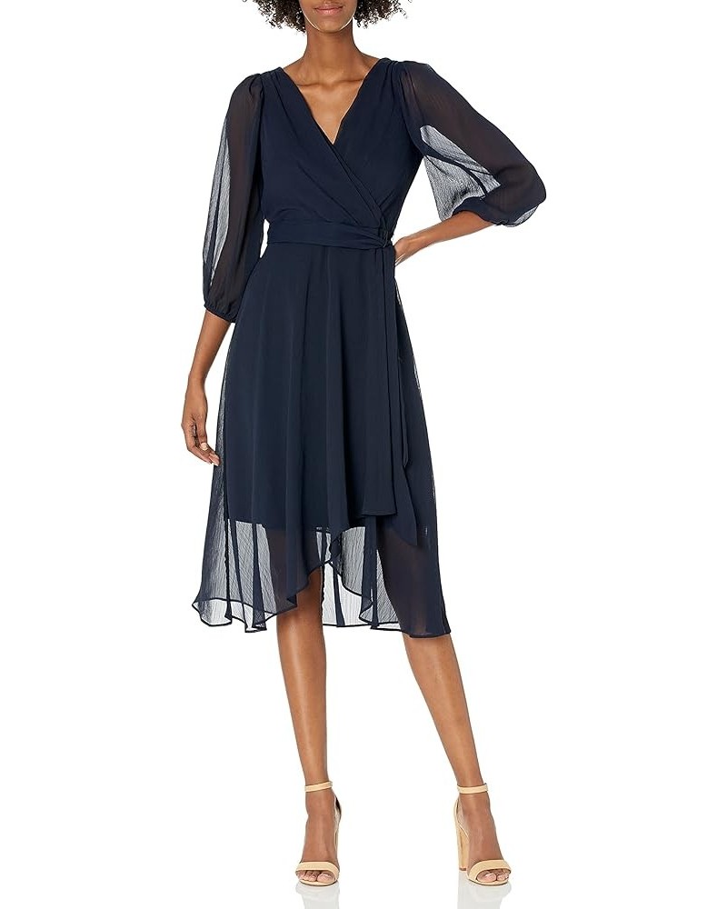 Women's Balloon Half Sleeve Faux Wrap Midi Dress Navy $39.62 Dresses