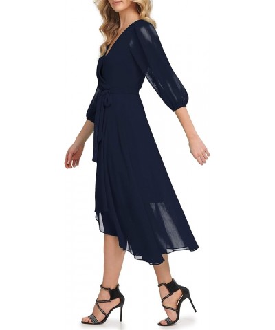 Women's Balloon Half Sleeve Faux Wrap Midi Dress Navy $39.62 Dresses