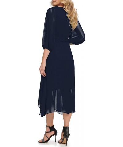 Women's Balloon Half Sleeve Faux Wrap Midi Dress Navy $39.62 Dresses