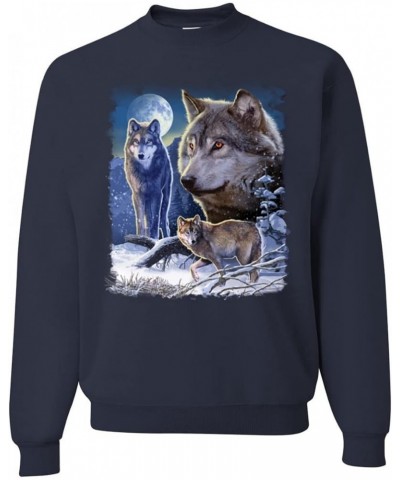 Wolves and The Moon in The Winter Night Animal Lover Unisex Crewneck Graphic Sweatshirt Navy $17.32 Hoodies & Sweatshirts