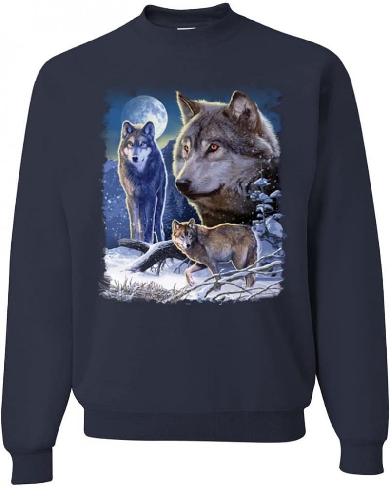 Wolves and The Moon in The Winter Night Animal Lover Unisex Crewneck Graphic Sweatshirt Navy $17.32 Hoodies & Sweatshirts