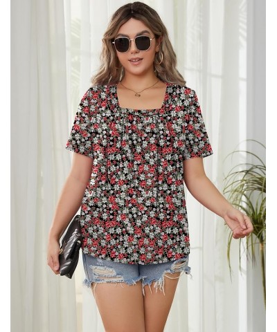 Womens Square Neck Short Sleeve Tunic Tops Loose Pleated Front T Shirts Curved Hem Casual Summer S-3XL Red White Floral $11.9...