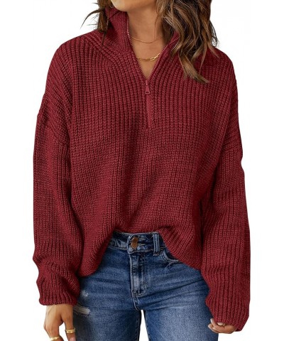 Women's 2024 Long Sleeve Chunky Knit Sweaters 1/4 Zip Polo V Neck Casual Pullover Tops Wine $22.94 Sweaters