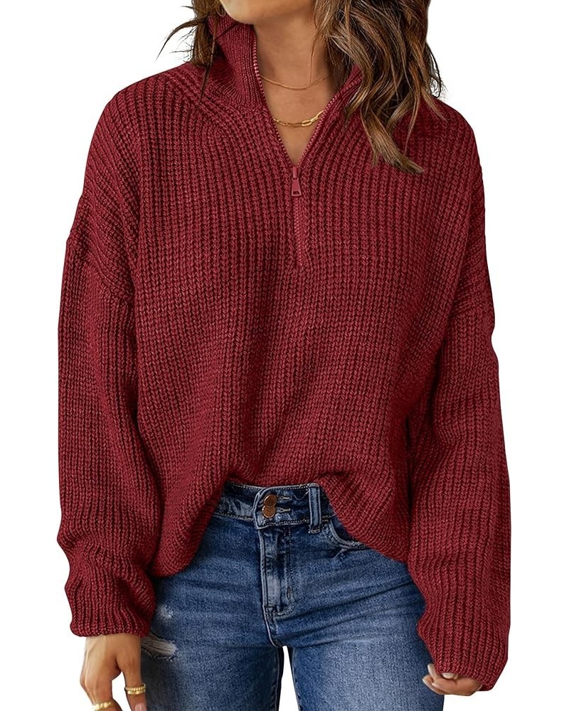 Women's 2024 Long Sleeve Chunky Knit Sweaters 1/4 Zip Polo V Neck Casual Pullover Tops Wine $22.94 Sweaters