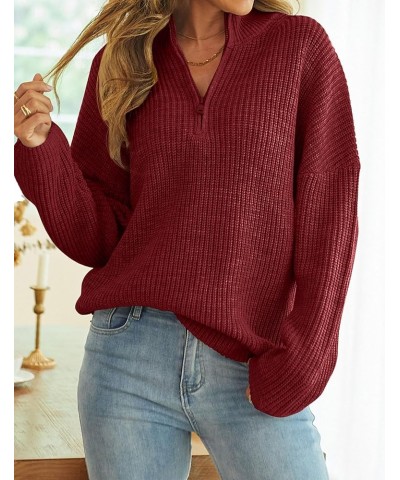 Women's 2024 Long Sleeve Chunky Knit Sweaters 1/4 Zip Polo V Neck Casual Pullover Tops Wine $22.94 Sweaters