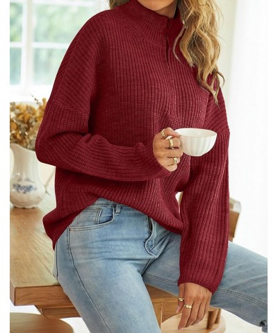 Women's 2024 Long Sleeve Chunky Knit Sweaters 1/4 Zip Polo V Neck Casual Pullover Tops Wine $22.94 Sweaters