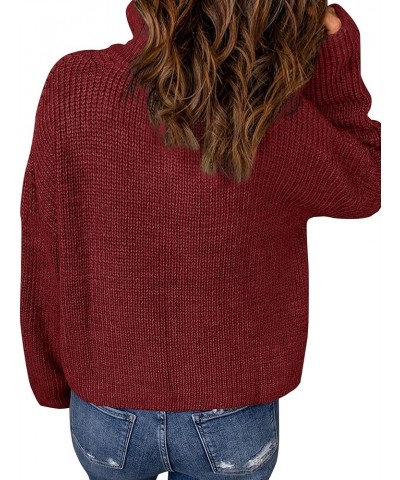 Women's 2024 Long Sleeve Chunky Knit Sweaters 1/4 Zip Polo V Neck Casual Pullover Tops Wine $22.94 Sweaters