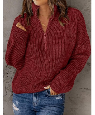 Women's 2024 Long Sleeve Chunky Knit Sweaters 1/4 Zip Polo V Neck Casual Pullover Tops Wine $22.94 Sweaters