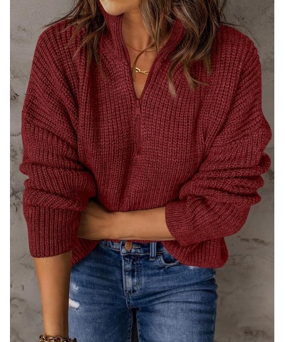 Women's 2024 Long Sleeve Chunky Knit Sweaters 1/4 Zip Polo V Neck Casual Pullover Tops Wine $22.94 Sweaters