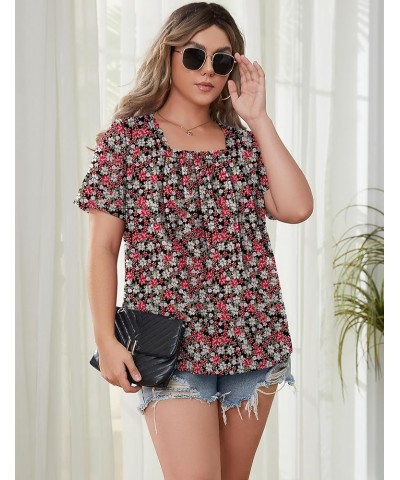 Womens Square Neck Short Sleeve Tunic Tops Loose Pleated Front T Shirts Curved Hem Casual Summer S-3XL Red White Floral $11.9...