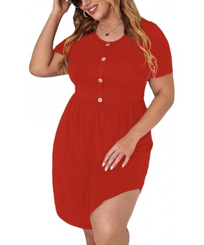 Women's Plus Size Button Front Short Sleeve Scoop Neck High Waist A Line Dress Plain Orange $19.37 Dresses