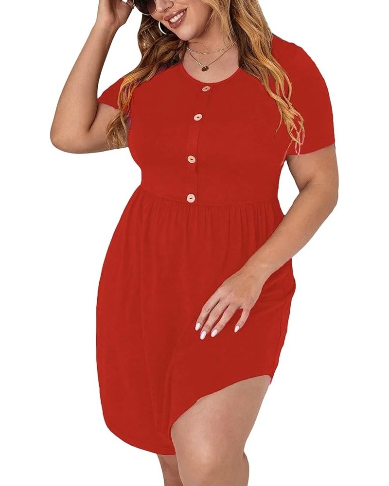 Women's Plus Size Button Front Short Sleeve Scoop Neck High Waist A Line Dress Plain Orange $19.37 Dresses