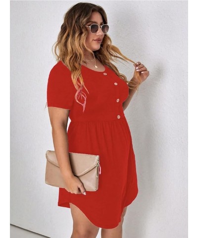 Women's Plus Size Button Front Short Sleeve Scoop Neck High Waist A Line Dress Plain Orange $19.37 Dresses